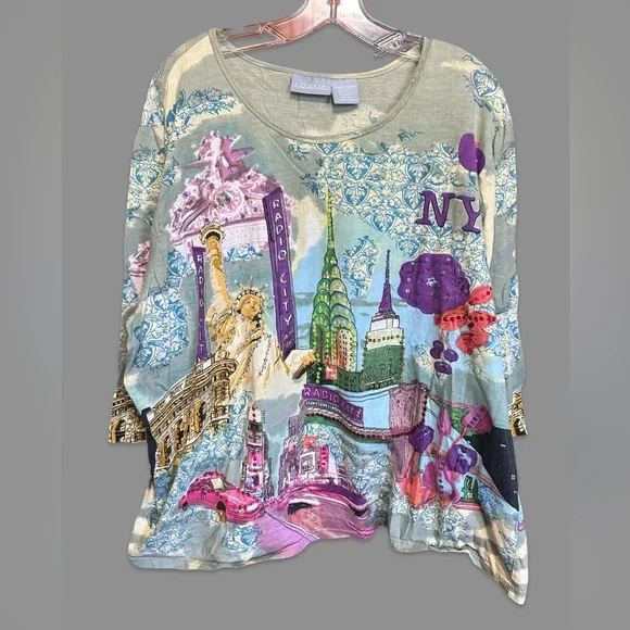 Vintage Y2K Womens XL New York Cityscape Beaded Embellished 3/4 Sleeve Top Shirt - Picture 1 of 5